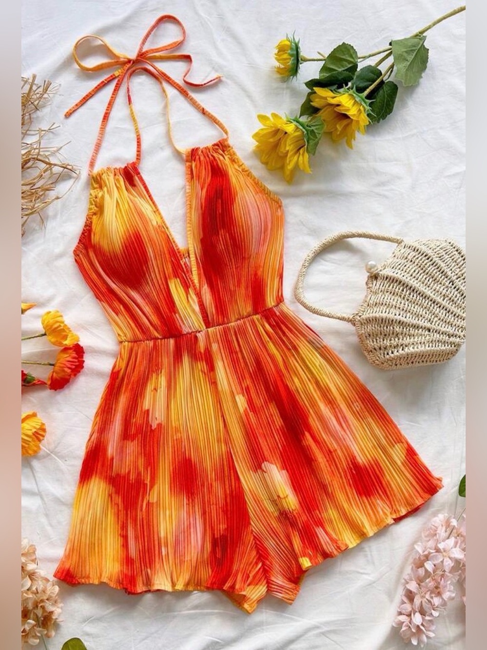 Halter Pleated One-Piece Romper